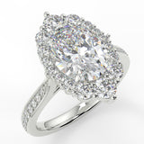 Antoinette Oval lab diamond engagement ring. Cathedral shank, seamless halo, side accents, diamond bead setting.