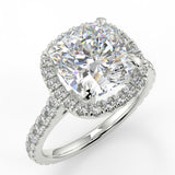 Camellia Cushion Lab Created Diamond Engagement Ring with single seamless halo design. Cathedral with single row diamond French pave band.
