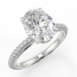 Charlotte Oval lab diamond engagement ring with three row french pave band and four prongs. Diamond gallery setting