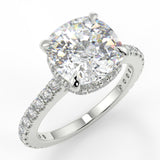 Larisa Cushion Lab Created Diamond Engagement Ringset in 4 prong cathedral
Setting with diamond reverse seamless halo and single row diamond French pave set diamond band