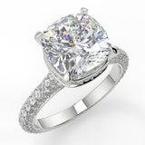 Lavinia Cushion Lab Created Diamond Engagement RingCathedral setting with 3 row French pave diamond band and reverse seamless halo with diamonds