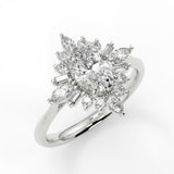 Lucidia Oval lab diamond engagement ring with a plain band and accent stones. Mix of straight baquette, round and marquise lab-created diamonds