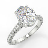 Lydia Oval lab diamond engagement ring with Cathedral shank, 3 row French pave set band with diamond gallery