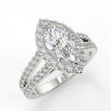 Margaret Marquise Lab Diamond Engagement Ring with single diamond halo with a cathedral set diamond split band set in French pave band
