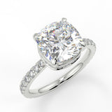 Mila Cushion Cut Lab Created Diamond Engagement Ring with open base cathedral setting, reverse seamless halo single row French pave set band