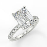 Mira Emerald lab diamond engagement ring. Non-cathedral shank, single row french pave setting band with a 4 prongs setting.