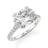 Nailah Oval lab diamond engagement ring in east west setting and tiger claw prongs and a french pave band