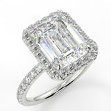 Noval Emerald lab diamond engagement ring. Non-cathedral shank, seamless halo setting and single row French pave setting band