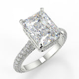 Paris Lab Created Diamond Engagement Ring. Cathedral setting with 3 row pave lab grown diamond band and reverse halo