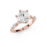 Leila Round Engagement Ring with marquise and round accent stones and button prongs Yellow Gold Rose Gold
