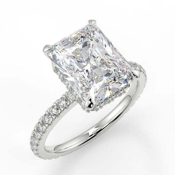 Valencia Elongated Radiant Cut Lab Diamond engagement ring with a reverse diamond seamless halo setting