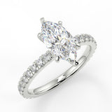 Yvette Marquise Lab Created Diamond Engagement Ring with six prongs and french pave band 