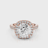 Mimosa Round cut lab diamond engagement ring with a cathedral setting and halo. French pave band video Rose Gold