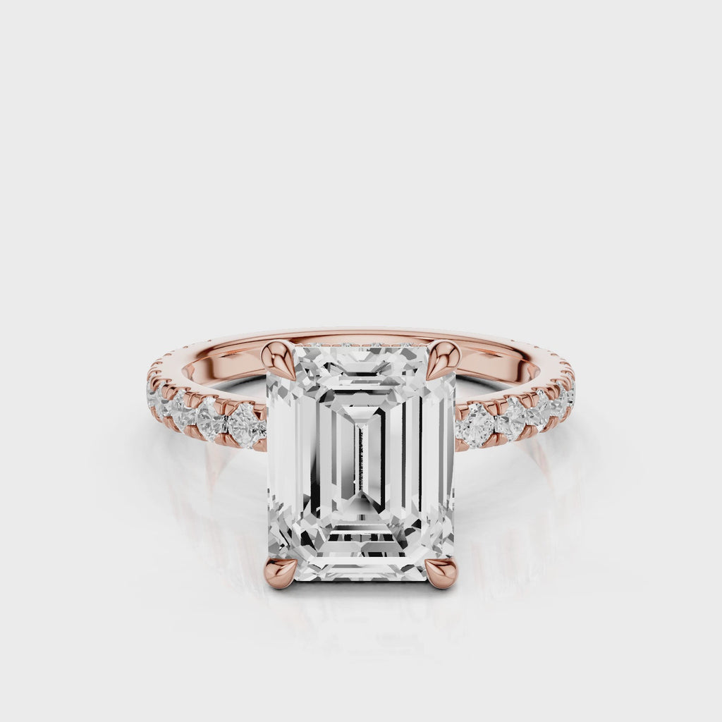 Mira Emerald lab diamond engagement ring. Non-cathedral shank, single row french pave setting band with a 4 prongs setting video Rose Gold
