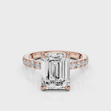 Mira Emerald lab diamond engagement ring. Non-cathedral shank, single row french pave setting band with a 4 prongs setting video Rose Gold