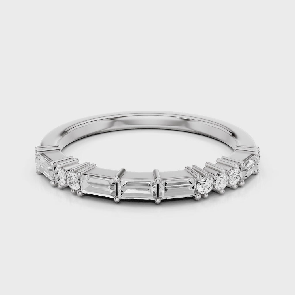 June Wedding band with baguettes and round accent stones White Gold