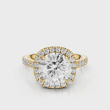 Mimosa Round cut lab diamond engagement ring with a cathedral setting and halo. French pave band video Yellow Gold
