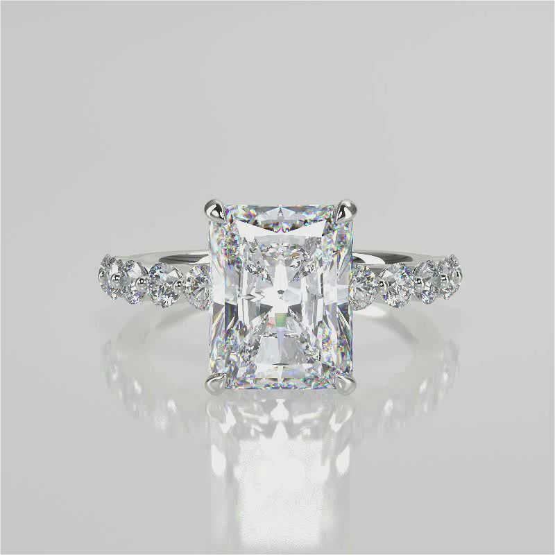 Aria Radiant lab diamond engagement ring. With accent stones round and hidden halo video 