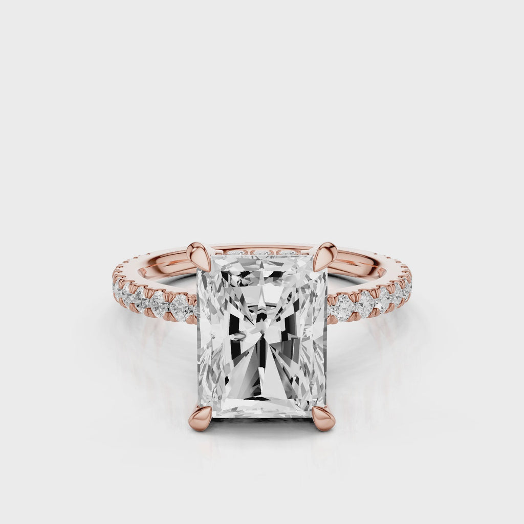 Olivia Radiant lab diamond engagement ring with pave band and reverse seamless halo video Rose Gold