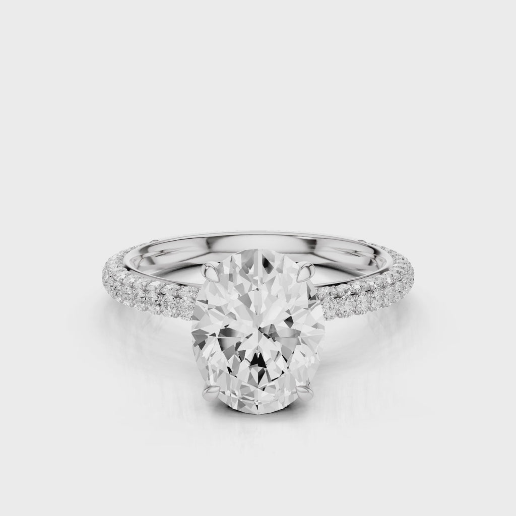 Charlotte Oval lab diamond engagement ring with three row french pave band and four prongs. Diamond gallery setting video  White Gold