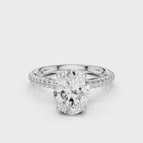 Charlotte Oval lab diamond engagement ring with three row french pave band and four prongs. Diamond gallery setting video  White Gold