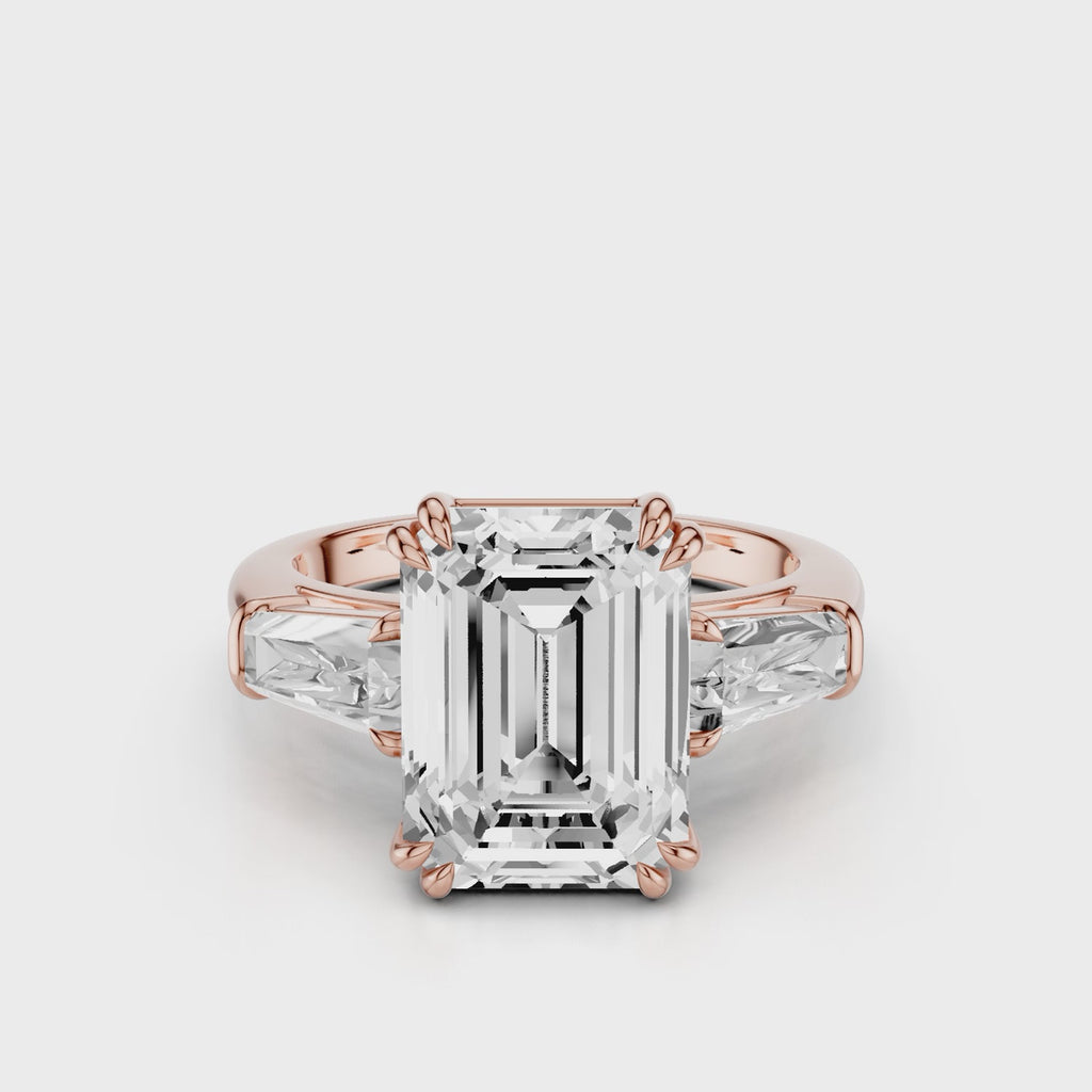 Esti Emerald Engagement Ring with tapered baguettes and cathedral setting and double tiger prongs Rose Gold