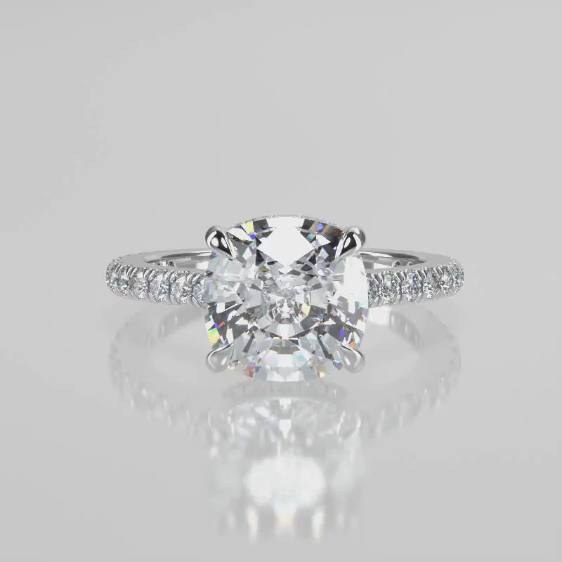 Larisa Cushion Lab Created Diamond Engagement Ringset in 4 prong cathedral
Setting with diamond reverse seamless halo and single row diamond French pave set diamond band video 