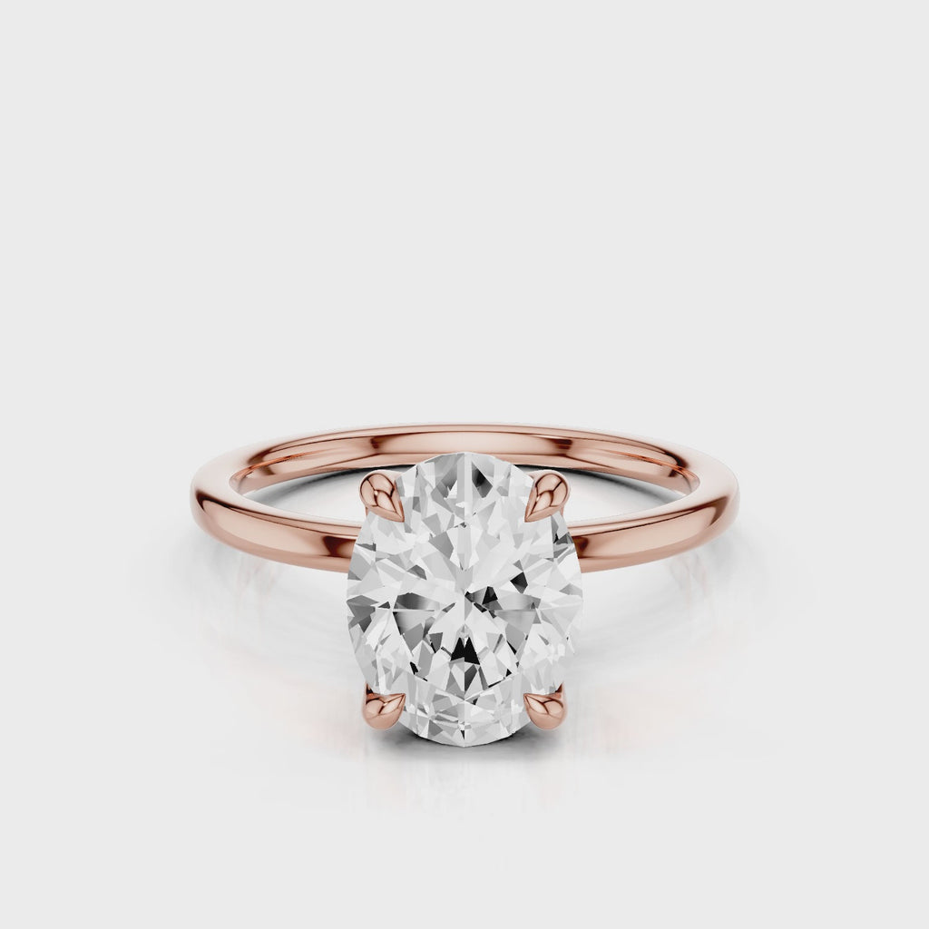 Oval lab diamond engagement rign with tulip setting and four prongs Rose Gold