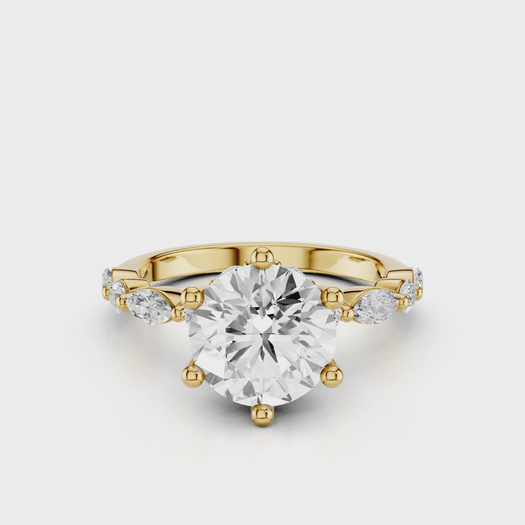 Leila Round Engagement Ring with marquise and round accent stones and button prongs Yellow Gold