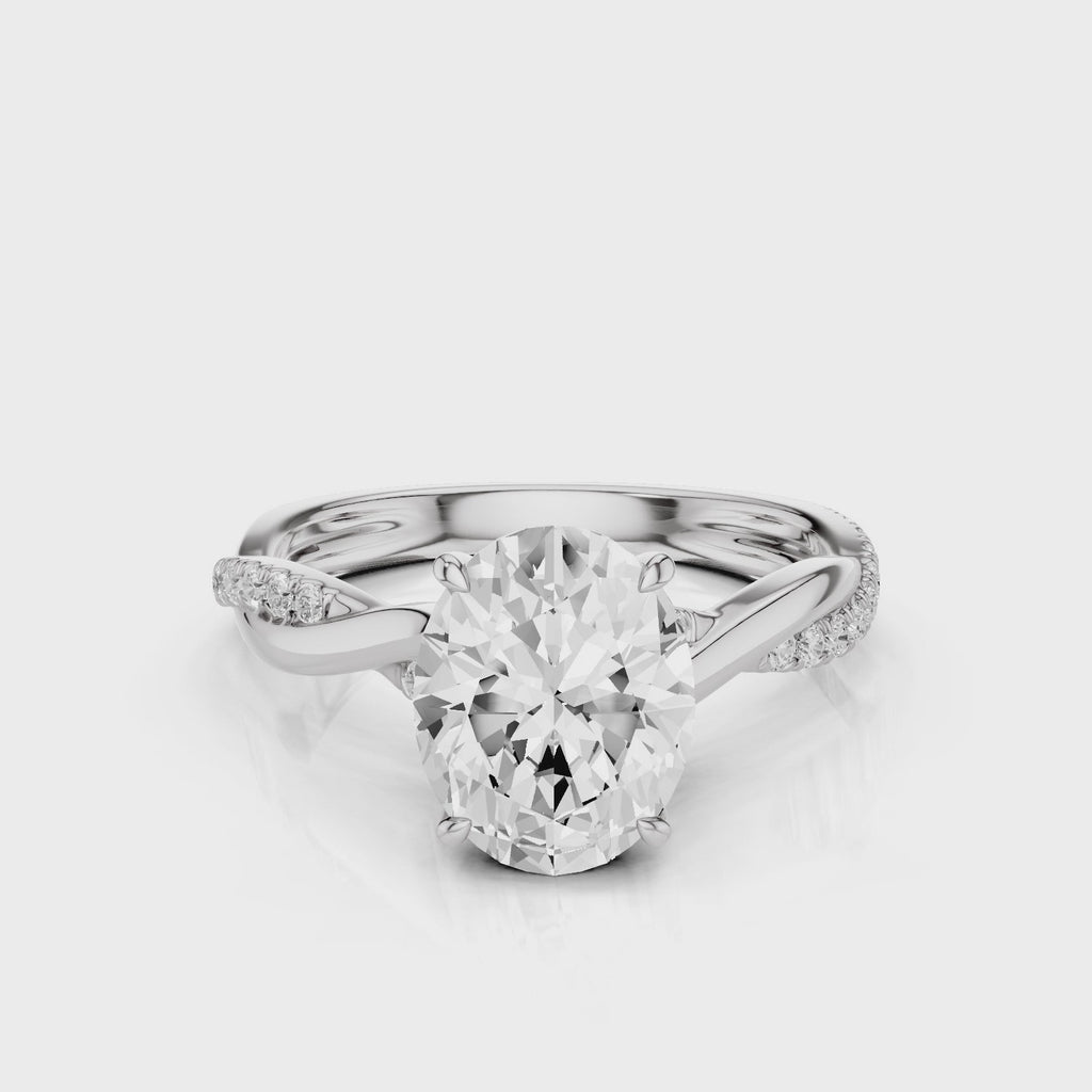 Joy Oval lab diamond engagement ring with four prongs and twisted band with franch pave video 