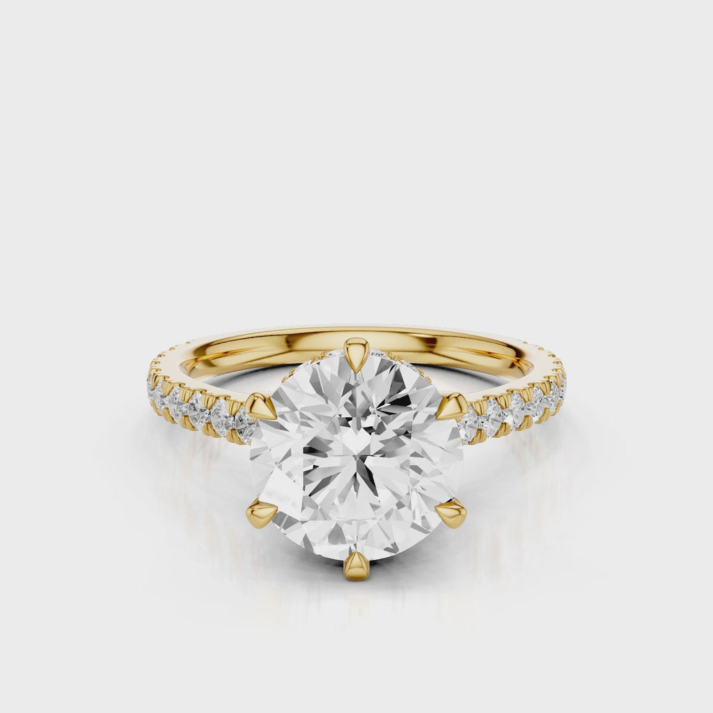 Ares Round six prongs lab diamond engagement ring with pave band Yellow gold
