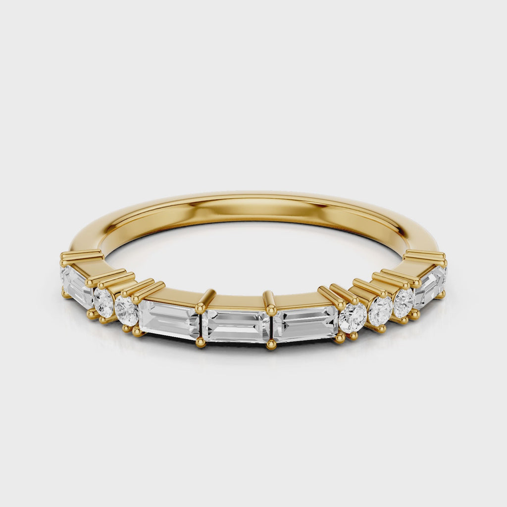 June Wedding band with baguettes and round accent stones Yellow Gold