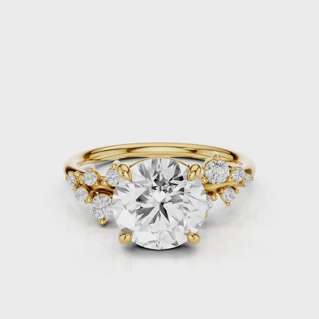 Vega Round cut lab diamond engagement ring with four prongs and Round accent diamonds video Yellow Gold
