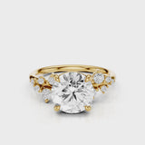 Vega Round cut lab diamond engagement ring with four prongs and Round accent diamonds video Yellow Gold