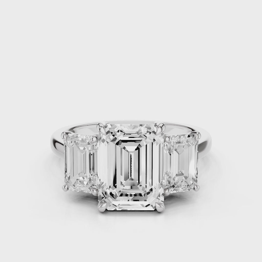 Ophelia Emerald lab diamond engagement ring. Cathedral shank, 3 stone criss cross tapered plain band video White Gold