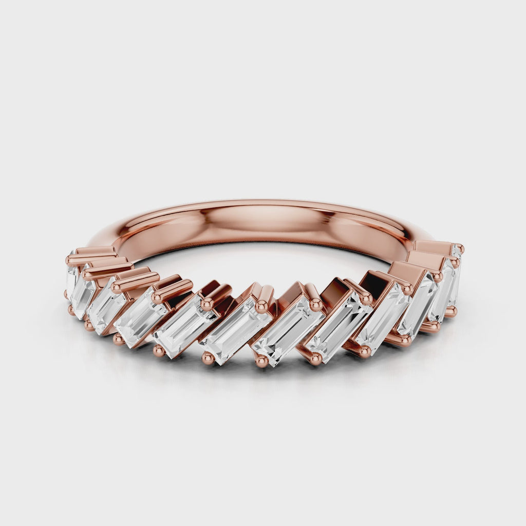 Leah lab diamond wedding band with straight baguettes and shared prong setting Rose Gold