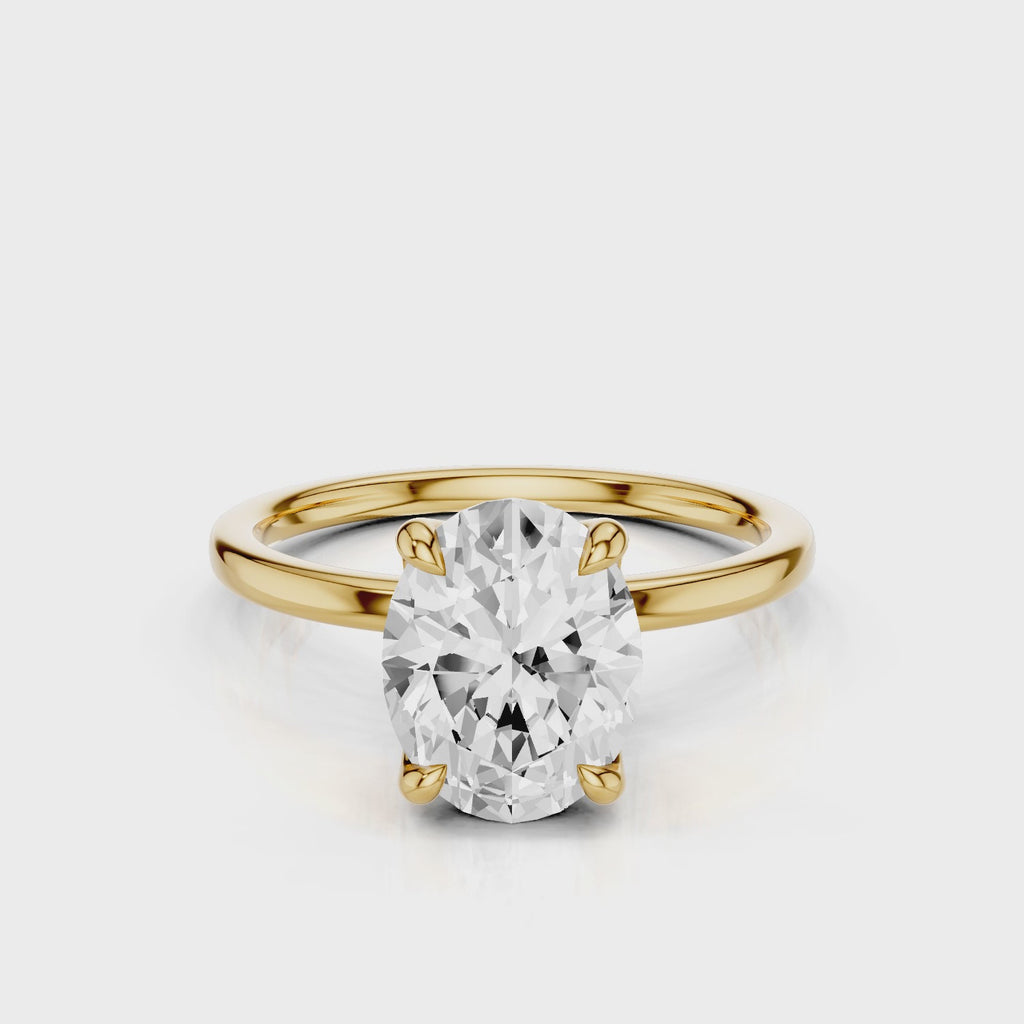 Oval lab diamond engagement rign with tulip setting and four prongs Yellow Gold
