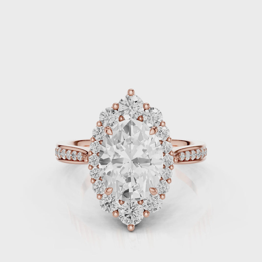 Antoinette Oval lab diamond engagement ring. Cathedral shank, seamless halo, side accents, diamond bead setting. Rose Gold