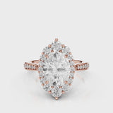 Antoinette Oval lab diamond engagement ring. Cathedral shank, seamless halo, side accents, diamond bead setting. Rose Gold