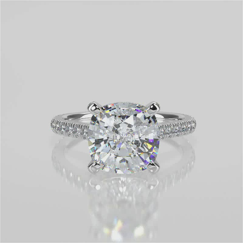 Violette Cushion Lab Created Diamond Engagement Ring with a bridge single row French pave band video 