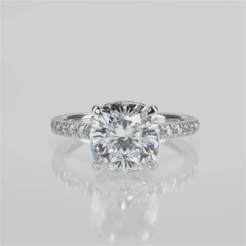 Mila Cushion Cut Lab Created Diamond Engagement Ring with open base cathedral setting, reverse seamless halo single row French pave set band