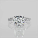 Mila Cushion Cut Lab Created Diamond Engagement Ring with open base cathedral setting, reverse seamless halo single row French pave set band