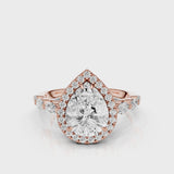 Eva Pear lab diamond engagement ring with cathedral shank and single seamless halo setting with the side marquise diamonds video Rose Gold