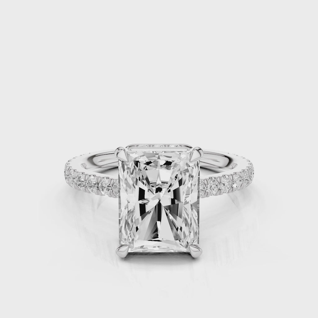 Marseille Elongated radiant cut centre stone with pave set lab grown diamonds video White Gold