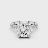Lavinia Cushion Lab Created Diamond Engagement RingCathedral setting with 3 row French pave diamond band and reverse seamless halo with diamonds video  White Gold