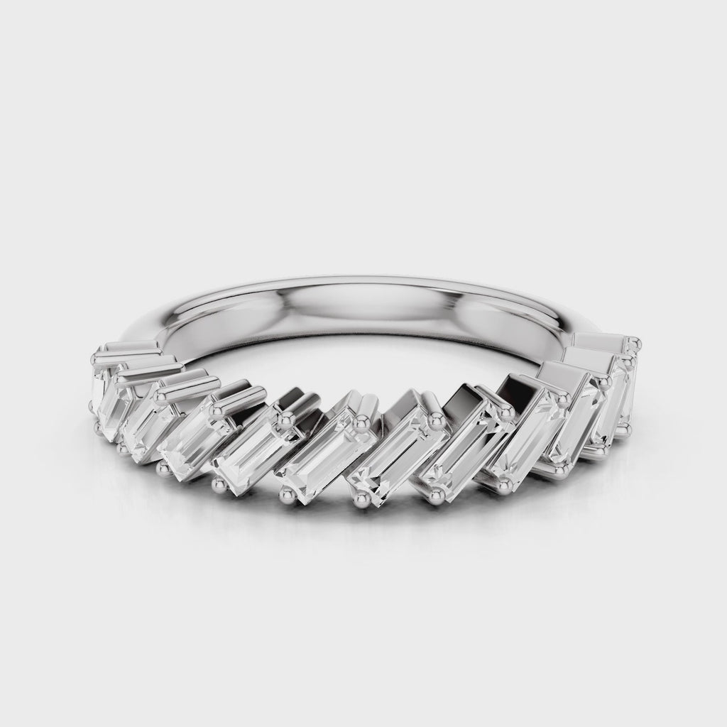 Leah lab diamond wedding band with straight baguettes and shared prong setting White Gold