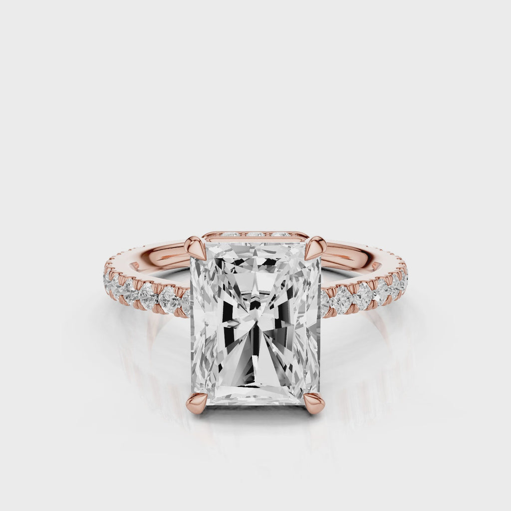 Marseille Elongated radiant cut centre stone with pave set lab grown diamonds video Rose Gold