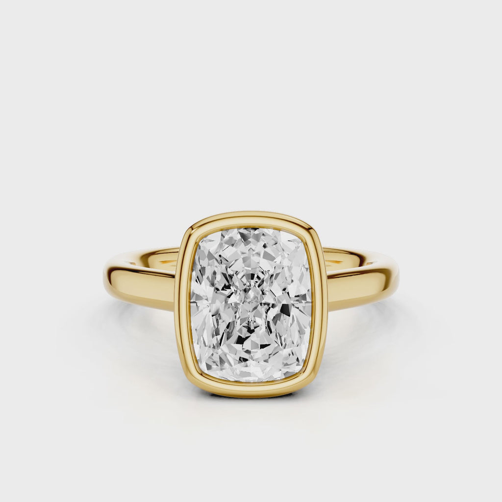 Mirna Elongated Cushion Bezel Lab diamond Engagement Ring with reverse Halo Yellow Gold