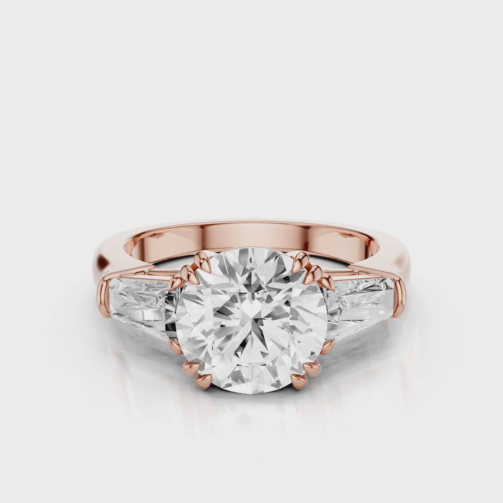 Glada Round cut lab diamond engagement ring with tiger claw prongs and tapered baguettes video  Rose Gold