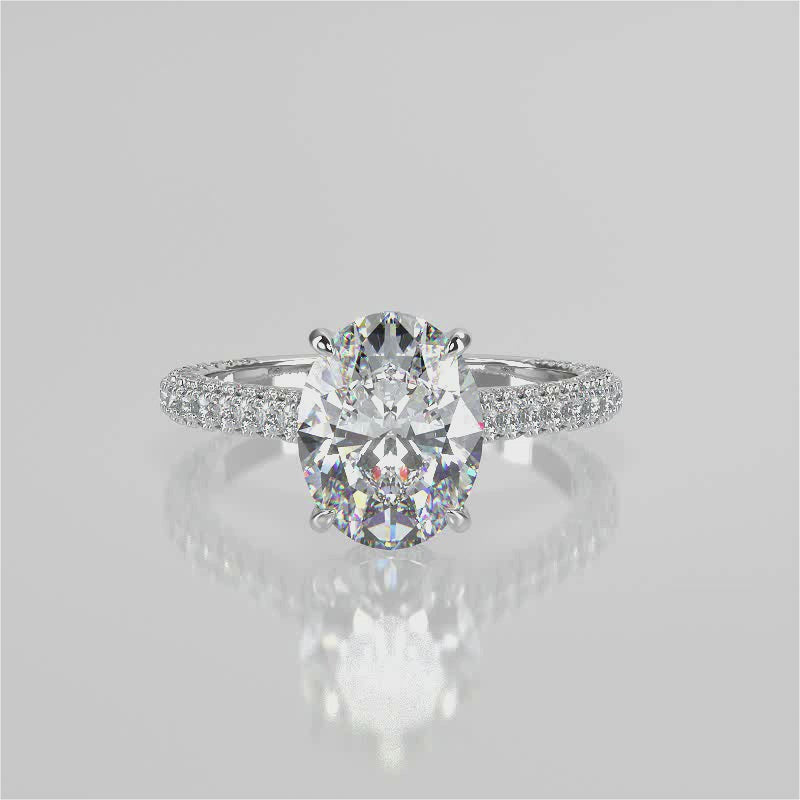Lydia Oval lab diamond engagement ring with Cathedral shank, 3 row French pave set band with diamond gallery video 
